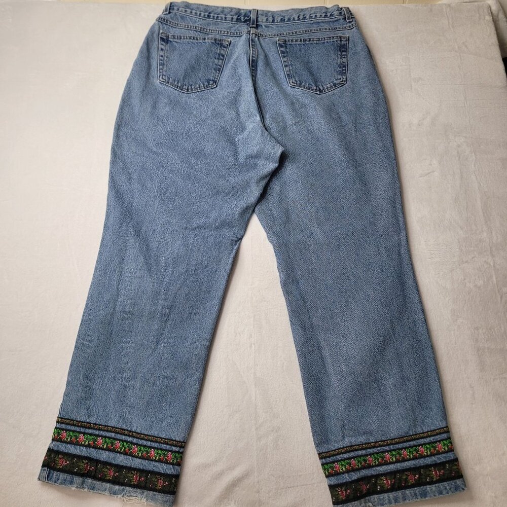 VTG 90s Venezia Embroidered Hem Straight Leg Women's Blue Denim Jean Size 20 USA - Picture 2 of 12